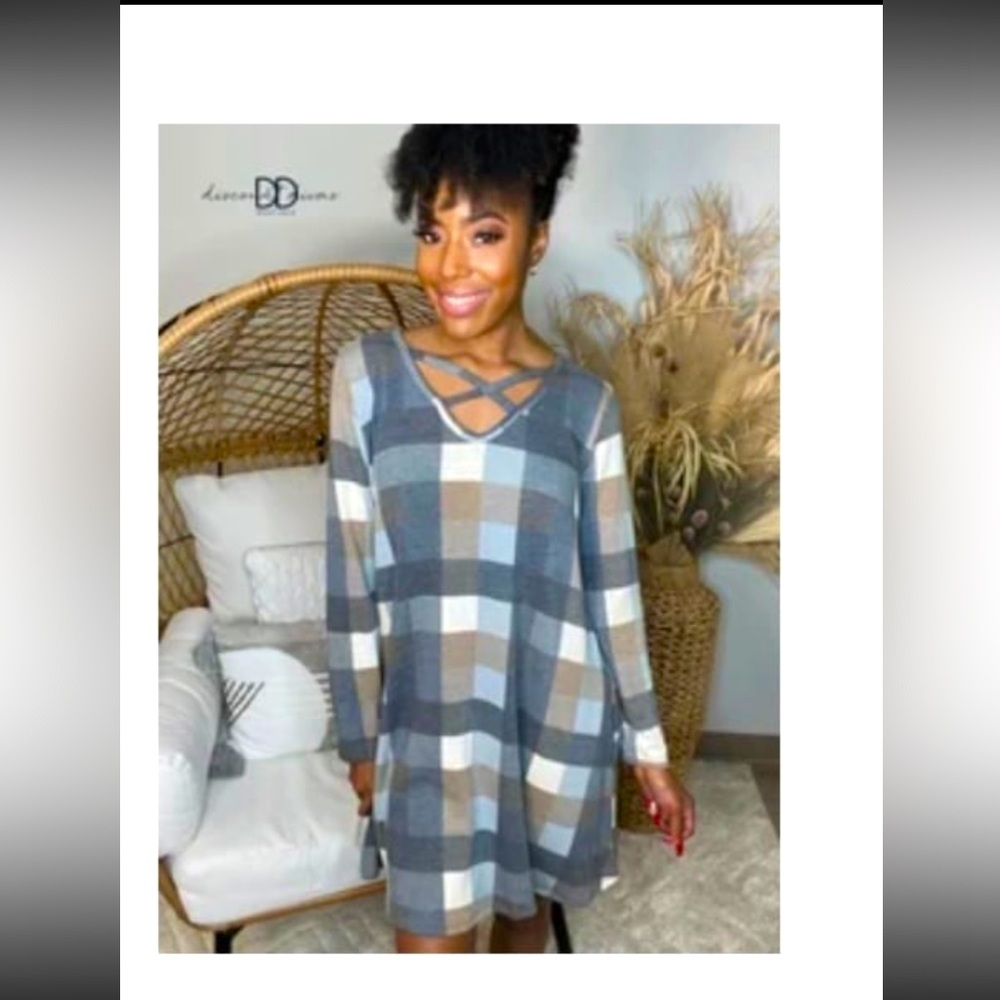 HEIMISH USA Blue and Gray Plaid Long Sleeve Dress
